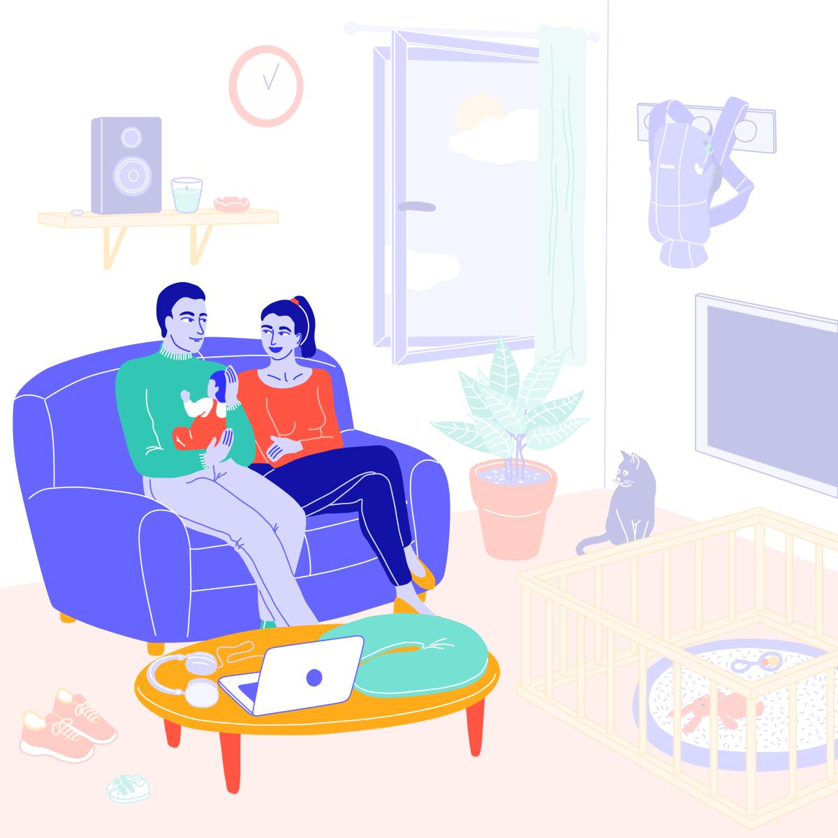 Coussin, canapé, ordinateur, parents et enfant
