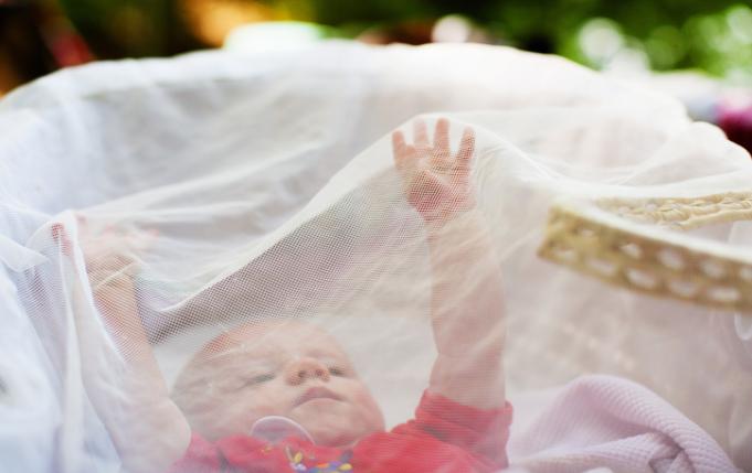un bébé sous une moustiquaire en extérieur